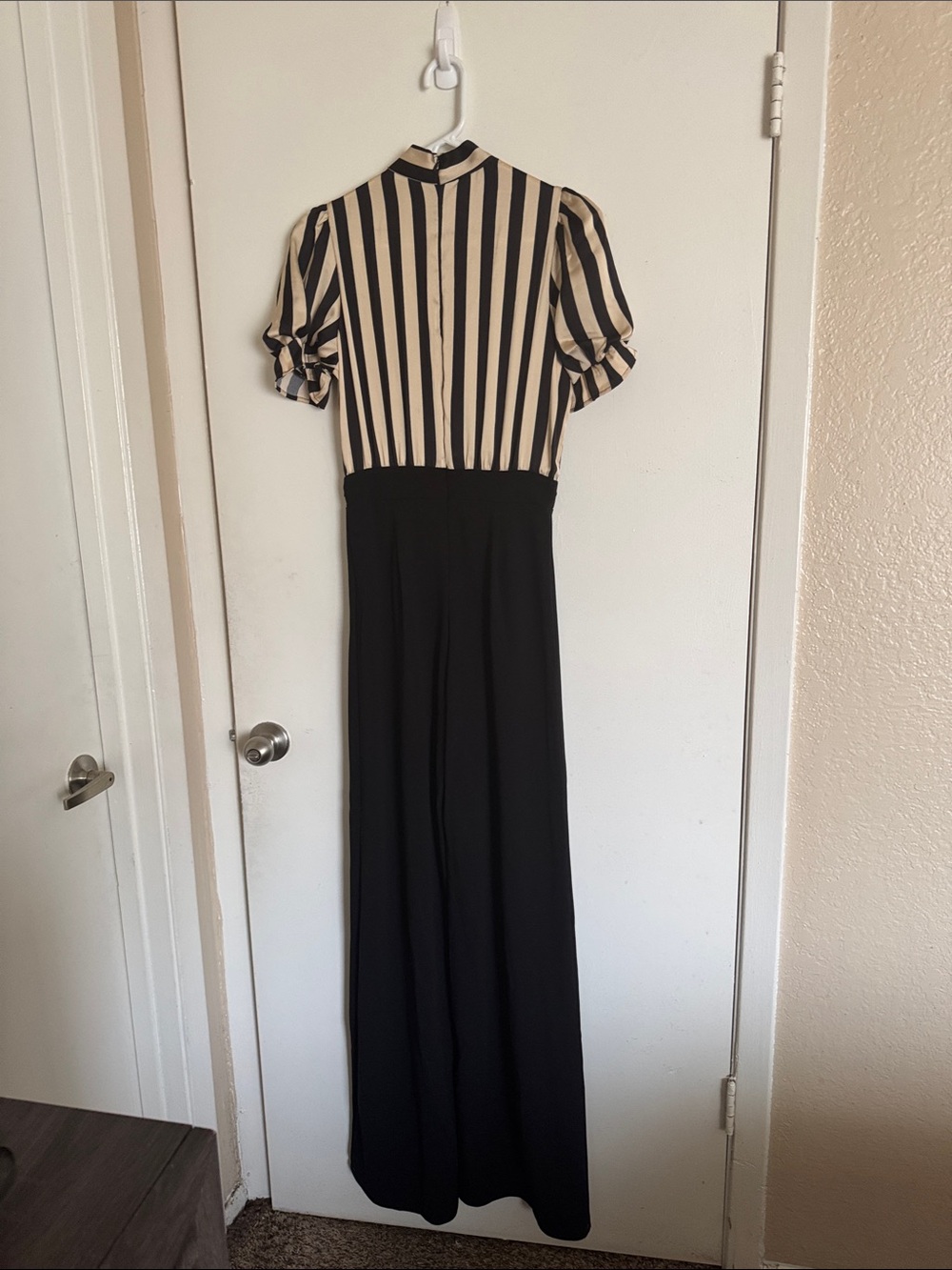Fashion Nova Black and Cream Striped Tie-Neck Jumpsuit - Picture 3 of 5